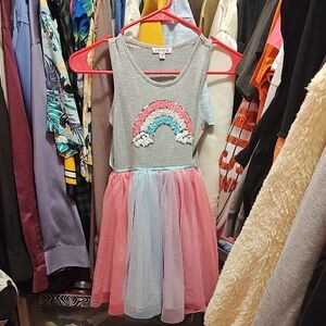 Chenault Girl Gray Dress with Rainbow and Tulle Skirt